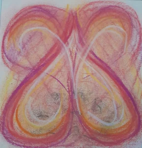 Bewegingstekening met roze, oranje, paars en wit