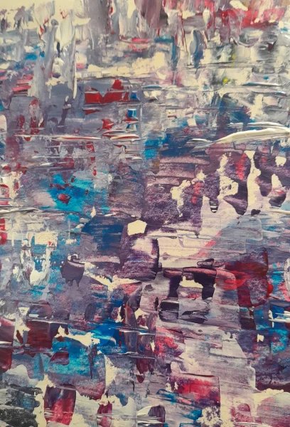 abstract schilderij, kleuren, wit, paars, rood en blauw